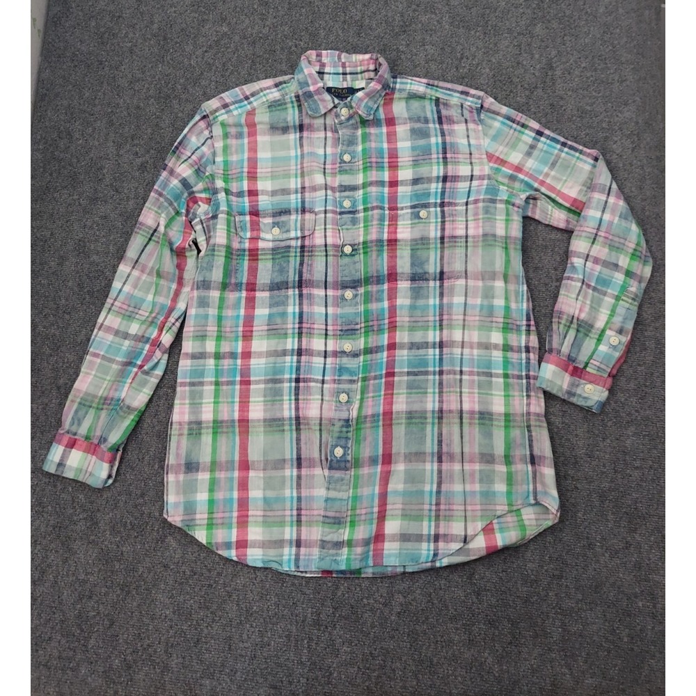 POLO RALPH LAUREN Flannel Shirt Mens Large Tall Pastel Madras Plaid Button Up